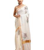 Owl design hand embroidered kasavu saree