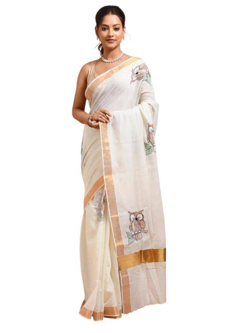 Owl design hand embroidered kasavu saree