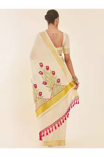 Off-white & gold woven design embroidered tissue kasavu saree