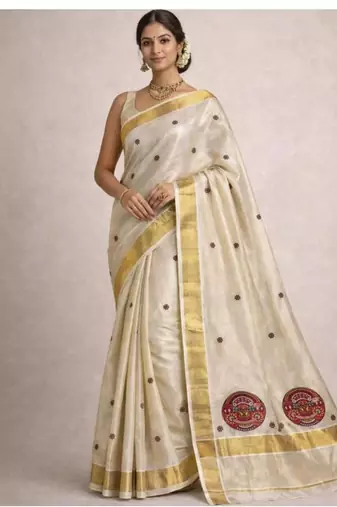 off white pure cotton kasavu saree with theyyam motif