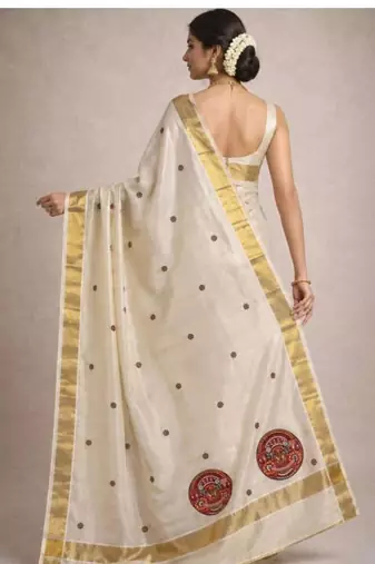 off white pure cotton kasavu saree with theyyam motif