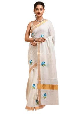 off white kasavu saree with hand embroidered blue lotus designs 1
