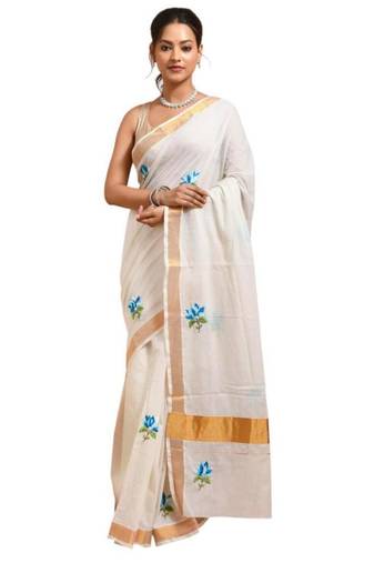 Blue lotus design hand embroidered kasavu saree
