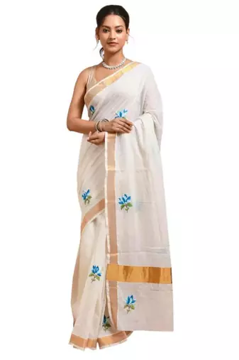 off white kasavu saree with hand embroidered blue lotus designs 