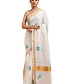 Blue lotus design hand embroidered kasavu saree