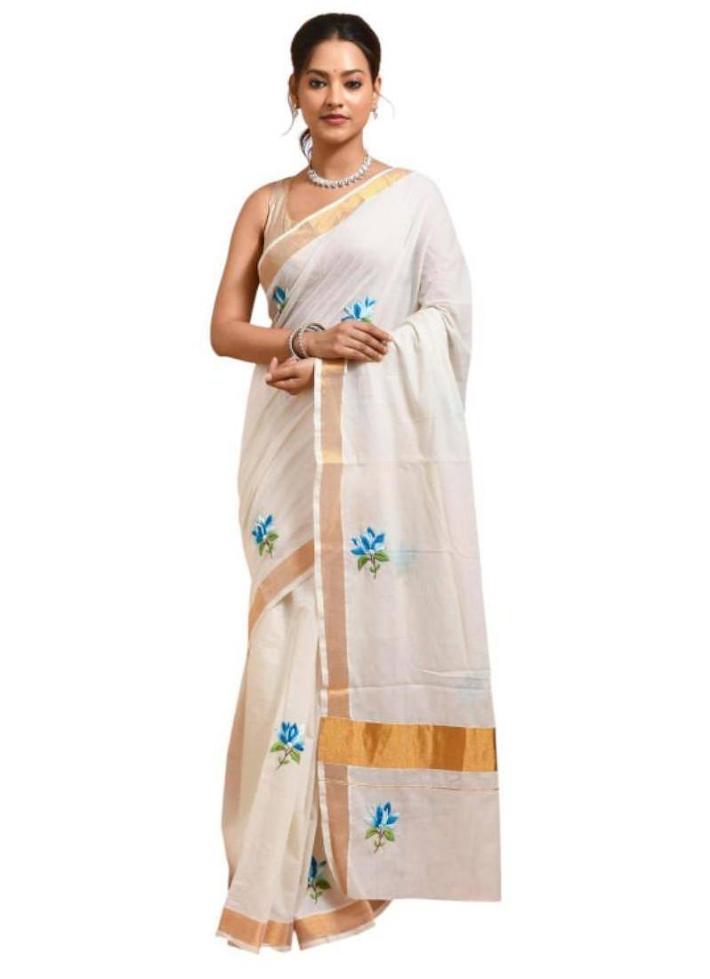 Blue lotus design hand embroidered kasavu saree