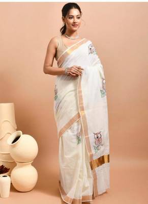 off white hand embroidered kasavu saree with owl design 2