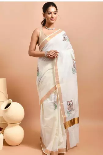 off white hand embroidered kasavu saree with owl design