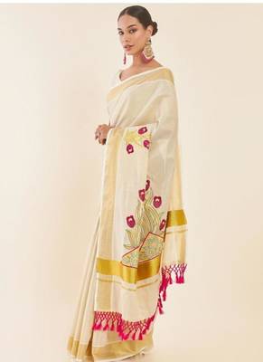 off white gold woven design embroidered tissue kasavu saree 4