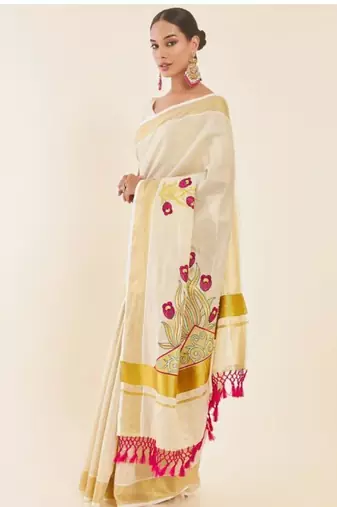 Off-white & gold woven design embroidered tissue kasavu saree
