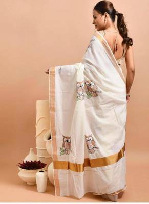 off white hand embroidered kasavu saree with owl design 3