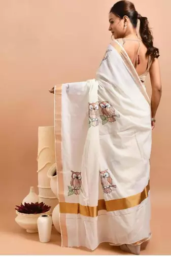 off white hand embroidered kasavu saree with owl design