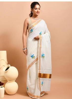 off white kasavu saree with hand embroidered blue lotus designs 2