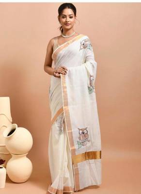 off white hand embroidered kasavu saree with owl design 4