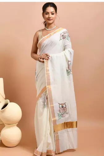 off white hand embroidered kasavu saree with owl design
