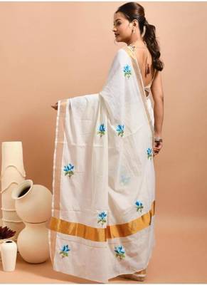 off white kasavu saree with hand embroidered blue lotus designs 3
