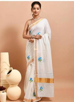 off white kasavu saree with hand embroidered blue lotus designs 4