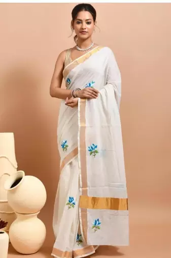 off white kasavu saree with hand embroidered blue lotus designs 