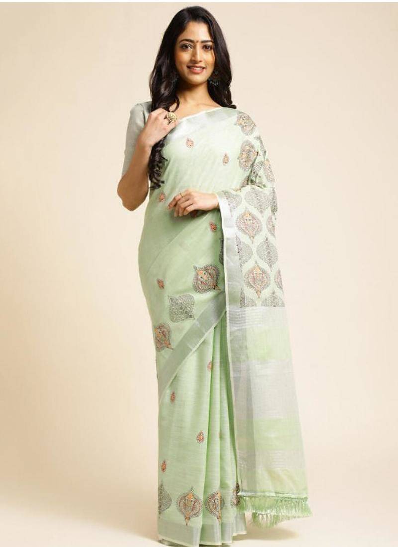 Ethnic motifs embroidered zari pure linen kasavu saree