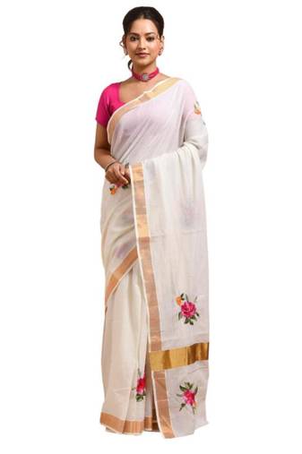 Floral hand embroidered kasavu rose design saree