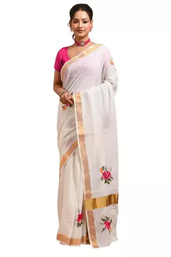 off white floral hand embroidered kasavu saree with rose design