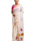 Floral hand embroidered kasavu rose design saree