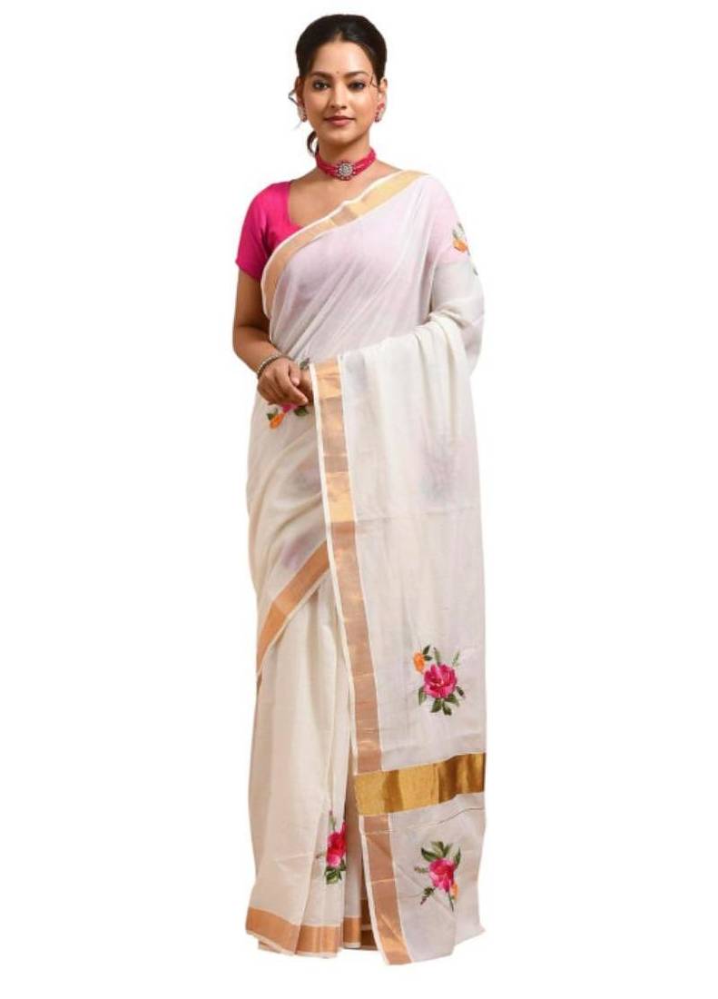 Floral hand embroidered kasavu rose design saree