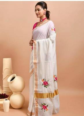 off white floral hand embroidered kasavu saree with rose design 2