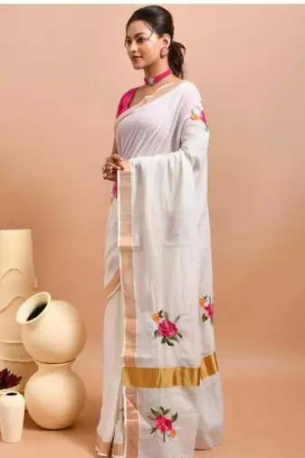 off white floral hand embroidered kasavu saree with rose design
