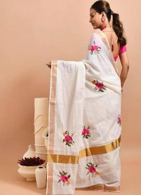 off white floral hand embroidered kasavu saree with rose design 3