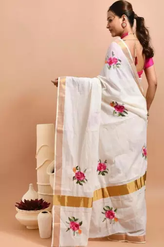 off white floral hand embroidered kasavu saree with rose design
