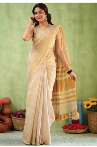 cream design zari pure linen handloom saree