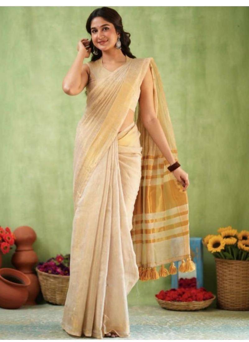 Woven design zari pure linen handloom saree