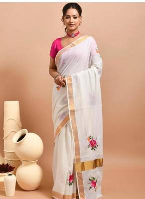 off white floral hand embroidered kasavu saree with rose design 4