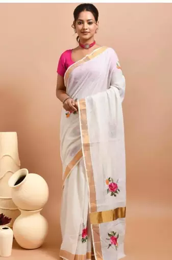 off white floral hand embroidered kasavu saree with rose design
