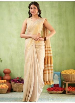 cream design zari pure linen handloom saree 2