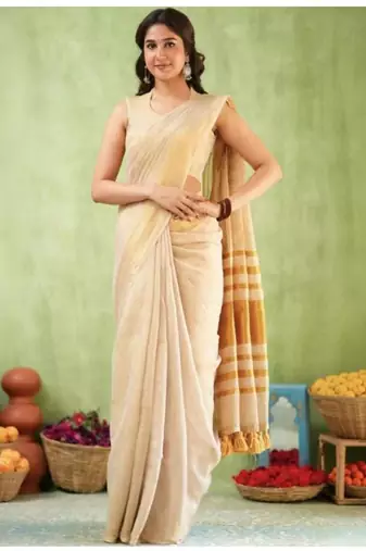 Woven design zari pure linen handloom saree