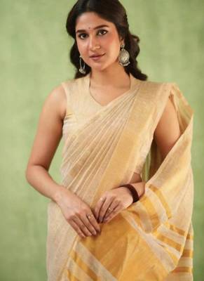 cream design zari pure linen handloom saree 3