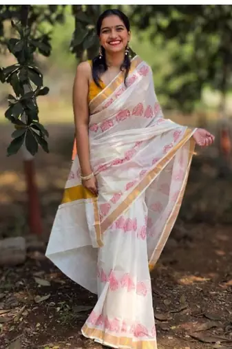 Ethnic motifs printed zari pure cotton kasavu saree