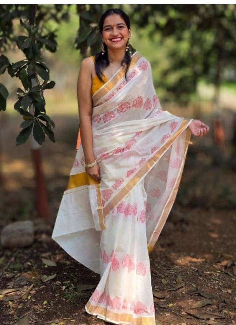Ethnic motifs printed zari pure cotton kasavu saree