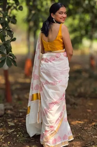 Ethnic motifs printed zari pure cotton kasavu saree