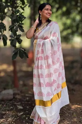 Ethnic motifs printed zari pure cotton kasavu saree