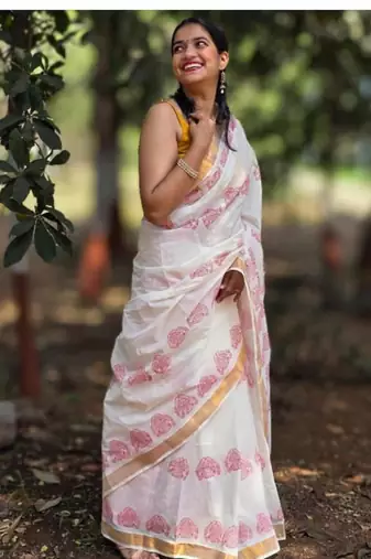 Ethnic motifs printed zari pure cotton kasavu saree