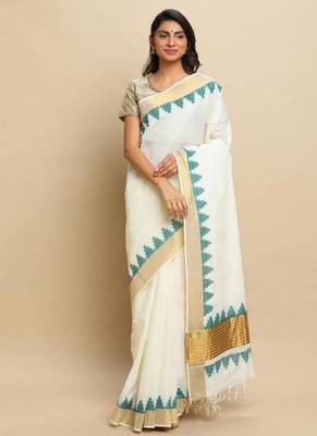 off white zari tissue kasavu saree with teal temple border design 1