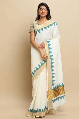 off white zari tissue kasavu saree with teal temple border design