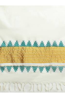off white zari tissue kasavu saree with teal temple border design 2
