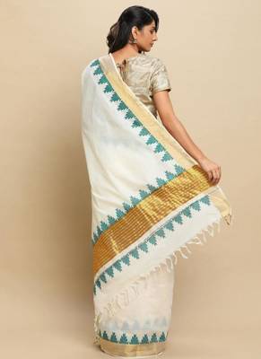 off white zari tissue kasavu saree with teal temple border design 3