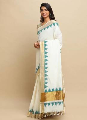 off white zari tissue kasavu saree with teal temple border design 4