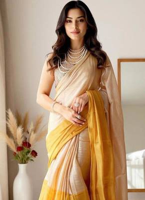 beige zari tissue kasavu saree with mustard gold border & pallu 4