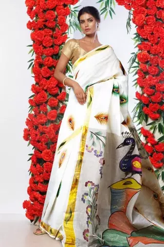 Women ethnic motifs printed zari traditional kasavu saree